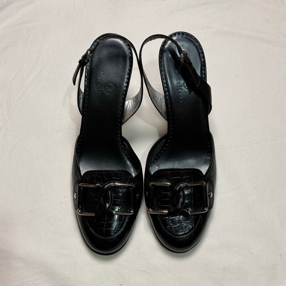 Cole Haan leather sling back 3.5” heels in black faux alligator leather Size 9